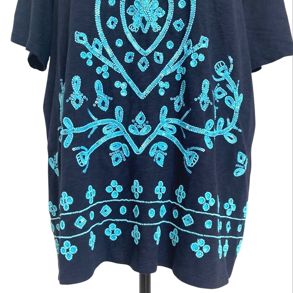 Talbots Beaded embroidered sequin blue tunic boho top 2X Cotton Resort Preppy - Picture 7 of 16